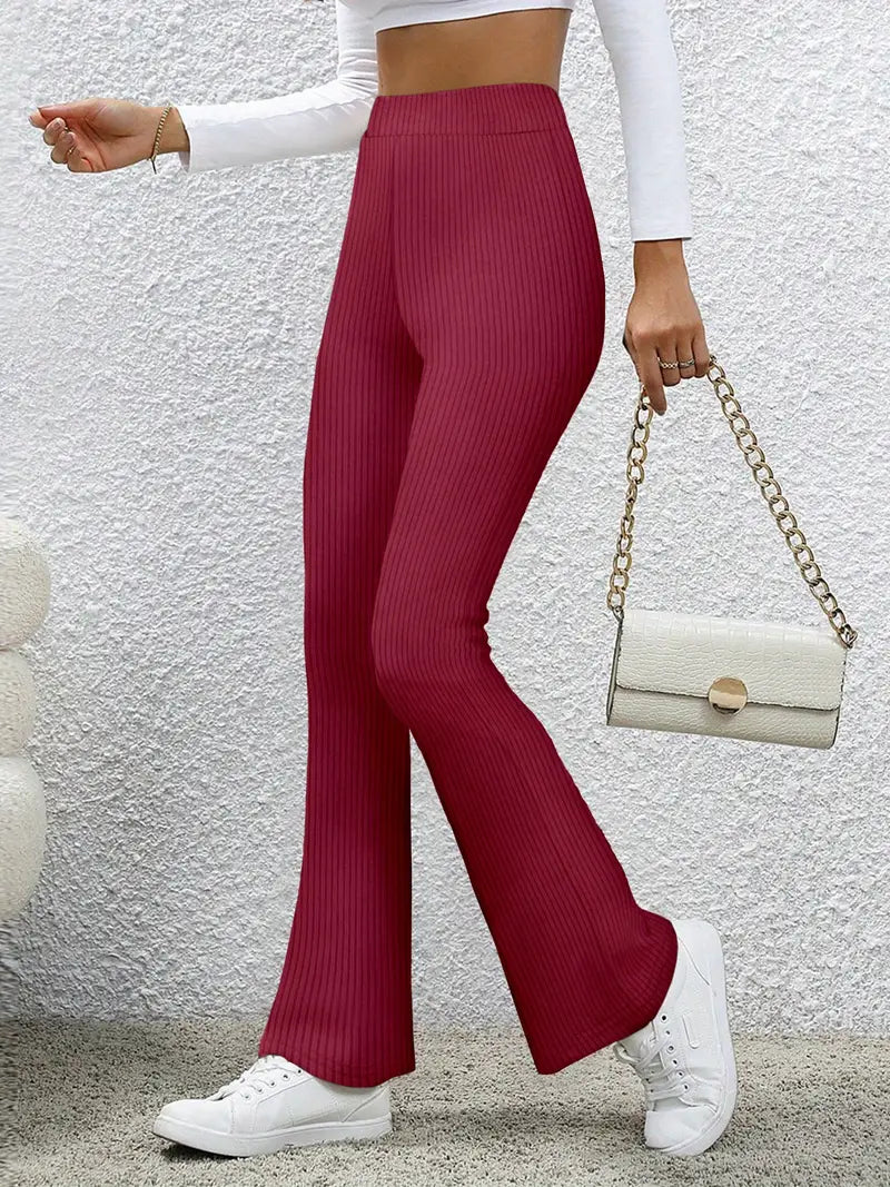 High waist Solid color Flared bell bottom pants